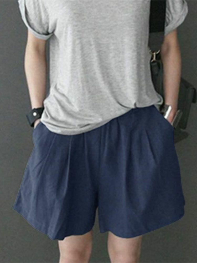 Fritids-solid Ruched Pocket Casual Bomullsshorts