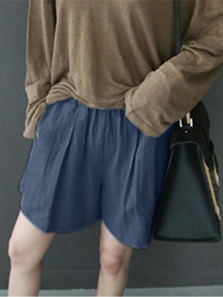 Fritids-solid Ruched Pocket Casual Bomullsshorts