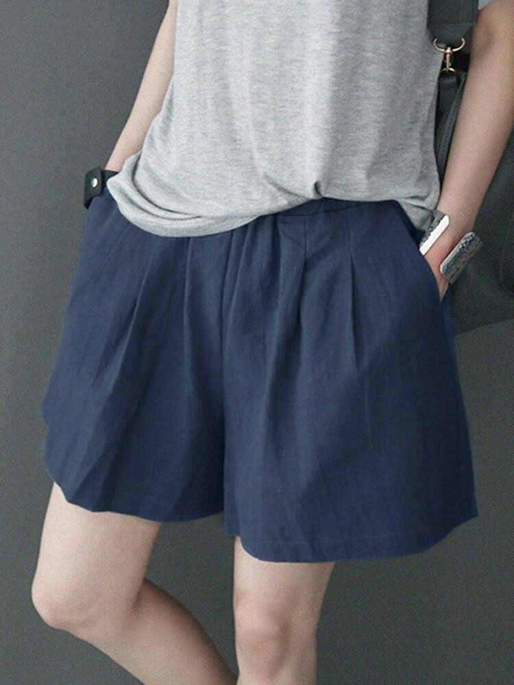 Fritids-solid Ruched Pocket Casual Bomullsshorts