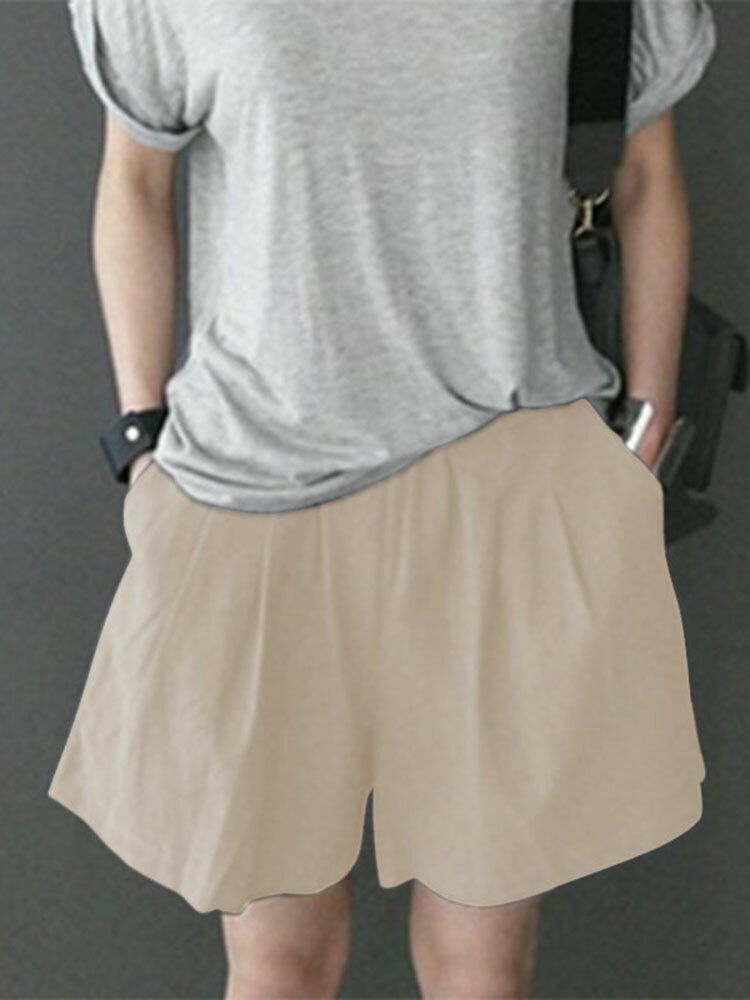 Fritids-solid Ruched Pocket Casual Bomullsshorts
