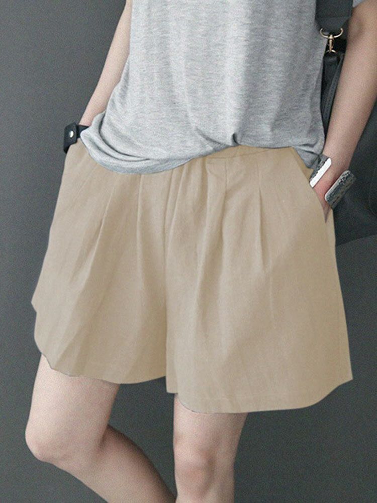 Fritids-solid Ruched Pocket Casual Bomullsshorts