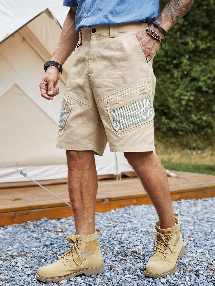 Män Mesh Patchwork Zip Designad Medellånga Bältesoverallshorts
