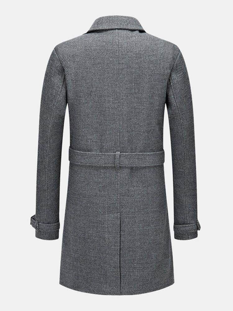 Brittisk Stil Män Mellanlång Ylle Thicken Warm Casual Överrock Med Bälte