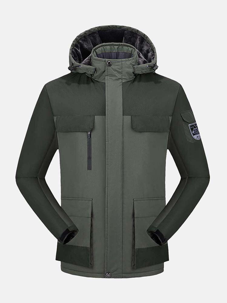 Herr Kontrast Patchwork Varm Fleece Fodrad Varm Tjockan Utility Huvkappor