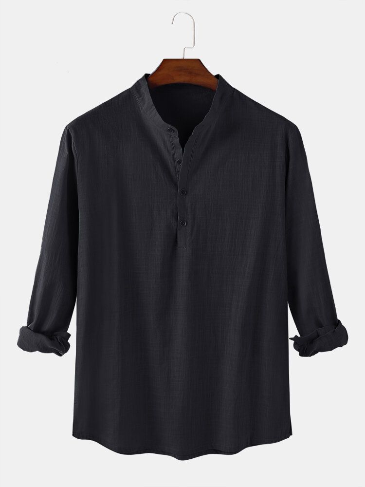 Enfärgad Bomull Linne För Män Casual Långärmad Delad Fåll Henley-skjortor