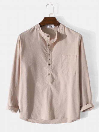 Herr 100% Bomull Enfärgad Långärmad Henley-skjorta Med Enkel Knapp