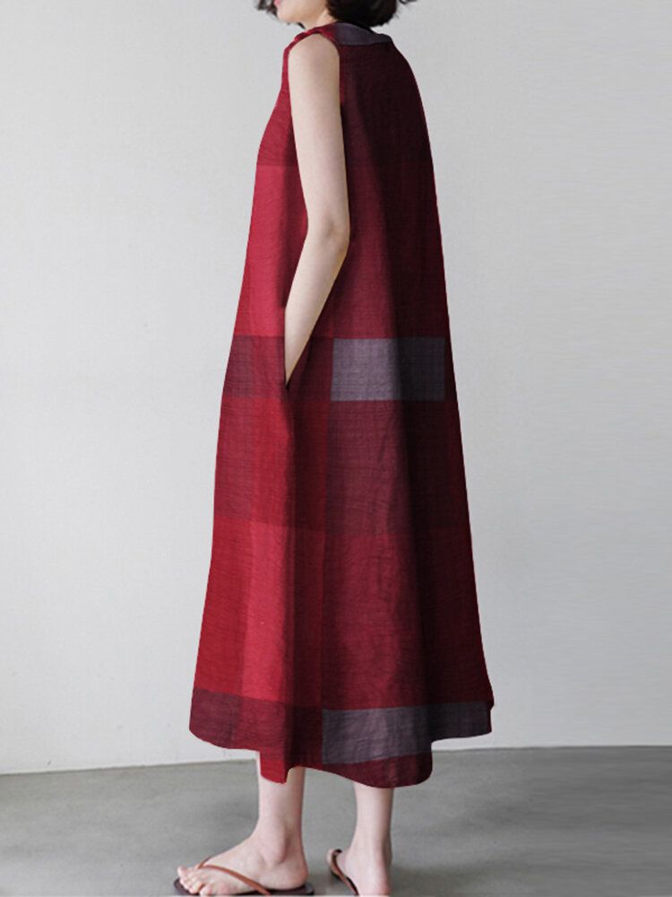 Casual Grid Printed Ärmlös Vintage Sidoficka Maxiklänning För Kvinnor