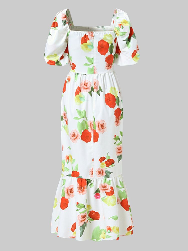 Dam Holiday Square Neck Puff Sleeve Slim Fit Fishtail Swing Maxiklänning Med Blommönster