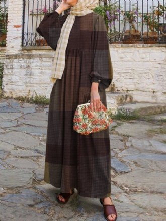 Dam Retro Grid Print O-ringad Puffärm Kaftan Maxi Dress