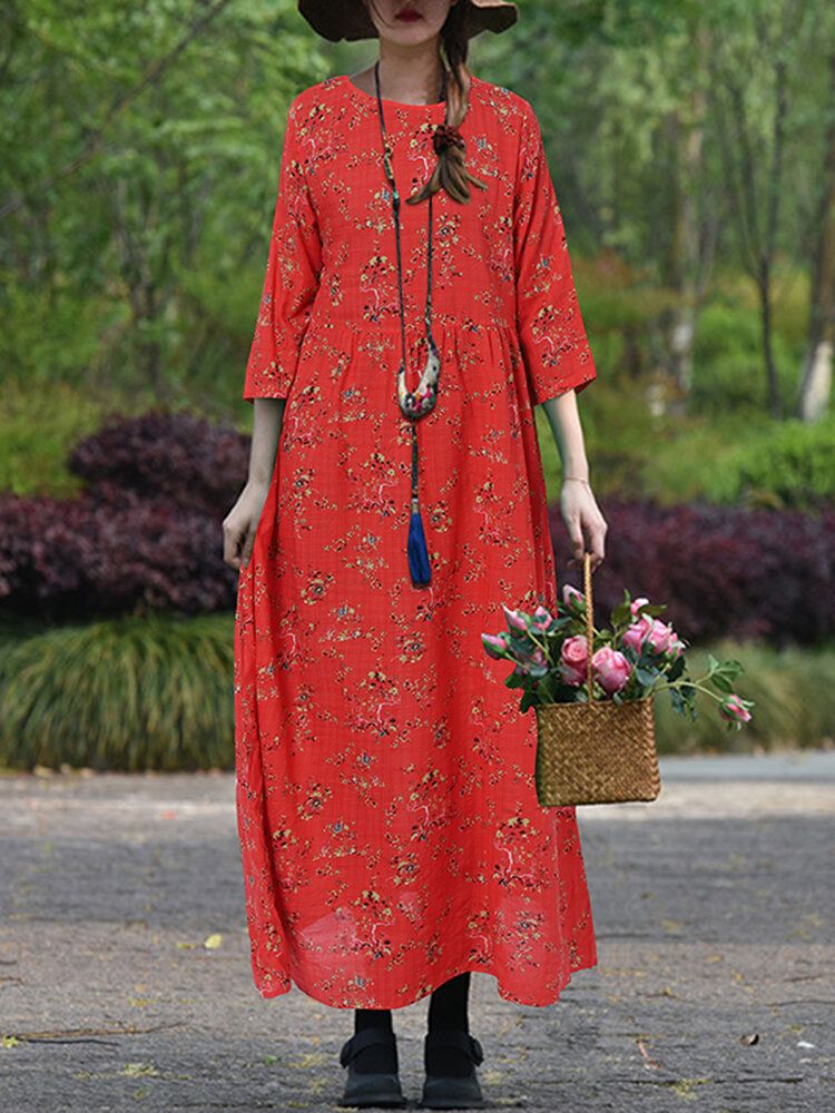 Dam Vintage Blommor Tryck O-ringad 3/4 Ärm Casual Holiday Maxiklänning