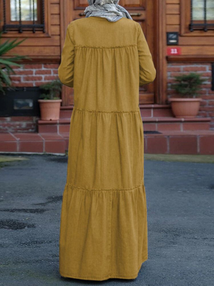 Enfärgad Retro Button Up Lapel Långärmad Casual Muslim Klänning Abaya Kaftan För Kvinnor