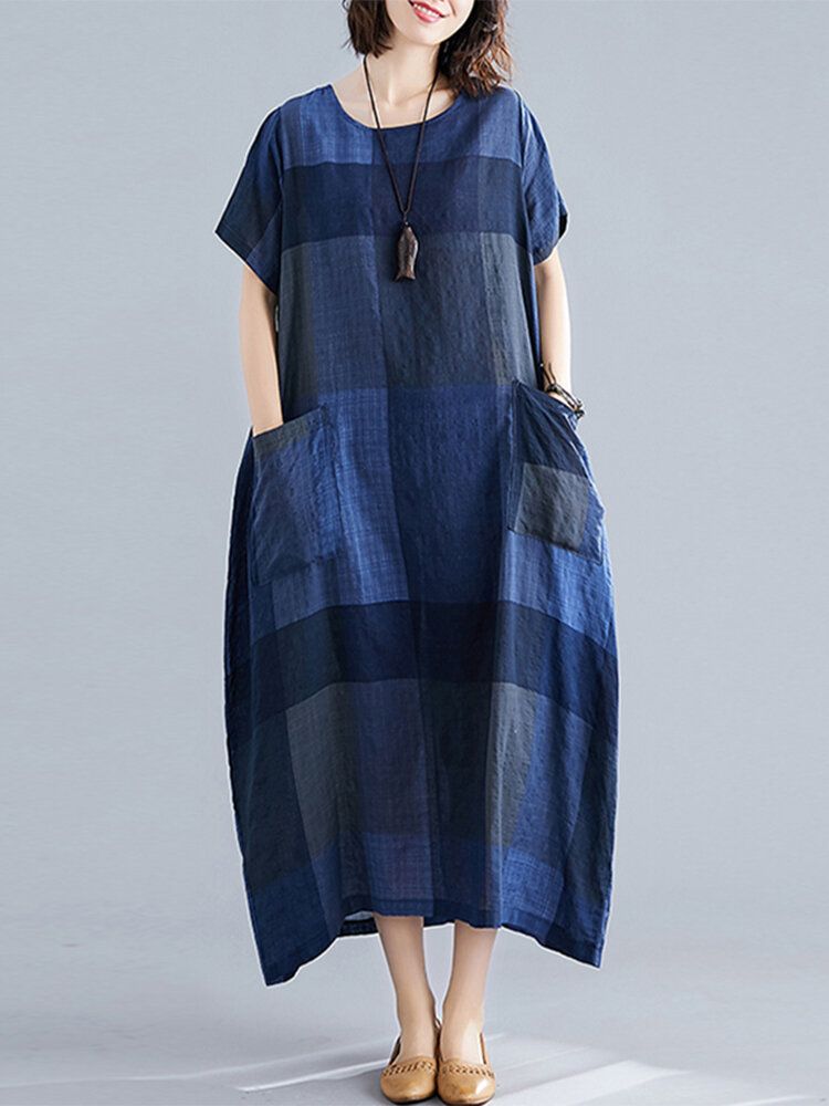 Grid Printed O-neck Frontficka Kortärmad Baggy Maxiklänning För Dam
