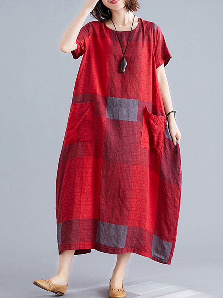 Grid Printed O-neck Frontficka Kortärmad Baggy Maxiklänning För Dam