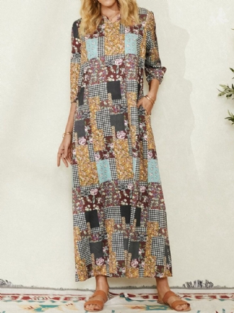 Kvinnor Colorblock Blommor Plädtryck Vintage Maxiklänning Med Ficka