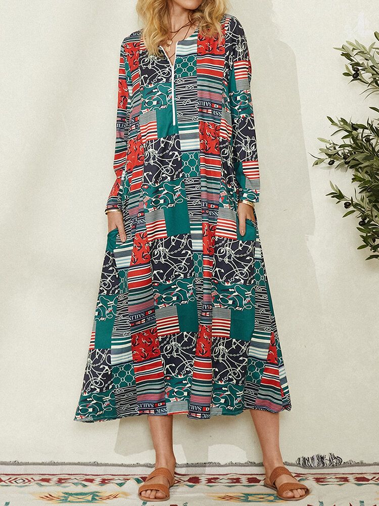 Kvinnor Colorblock Geometriskt Tryck Sidoficka Vintage Maxiklänning