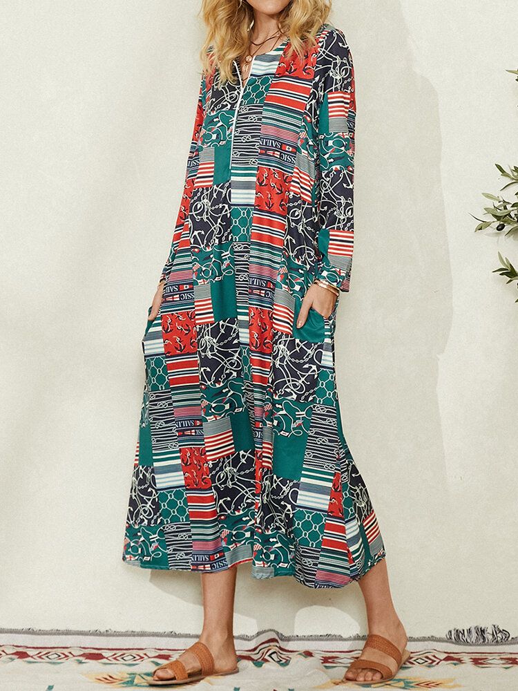 Kvinnor Colorblock Geometriskt Tryck Sidoficka Vintage Maxiklänning