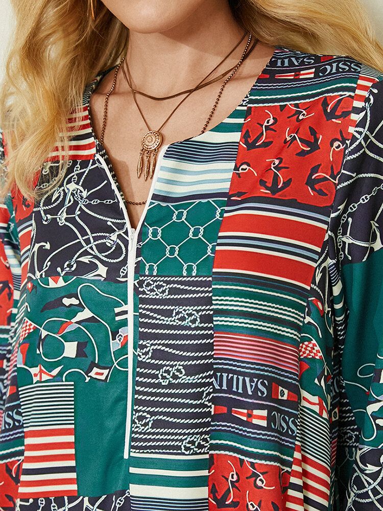 Kvinnor Colorblock Geometriskt Tryck Sidoficka Vintage Maxiklänning
