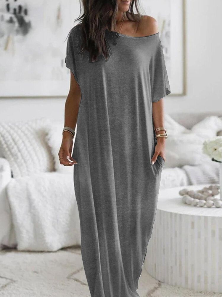 Raglan Kortärmad Solid Sidogaffel För Kvinnor Casual Klänning Med Sidfickor