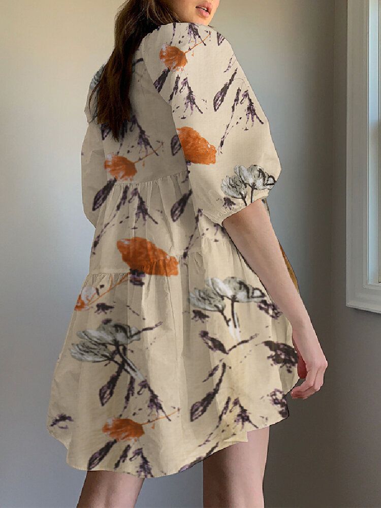 Blommönster Rundhalsad Puffärm Plisserad Tiered Holiday Casual Miniklänning