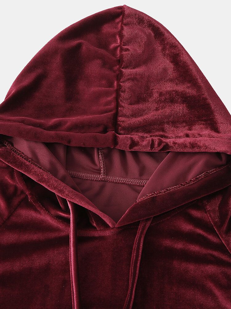 Dam Plus Size Solid Velvet Kangaroo Hoodie Loose Shorts Hem Casual Pyjamas Set
