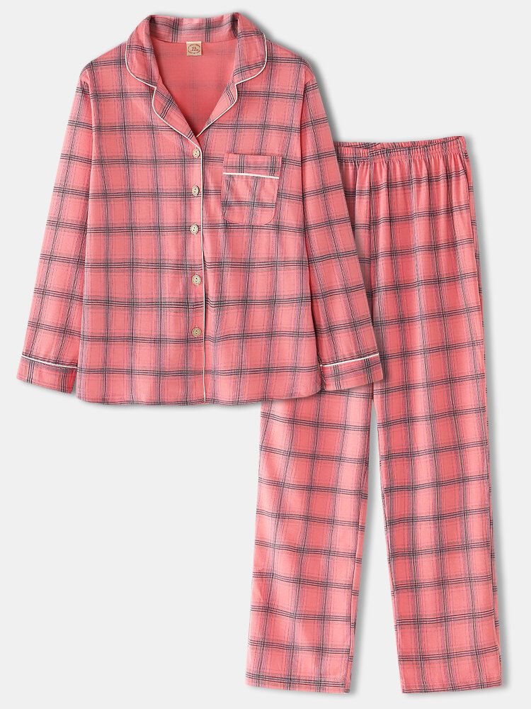 Dam Ruttryck Revere Krage Bröstficka Skjorta Elastiska Midja Byxor Tvådelad Pyjamas Set