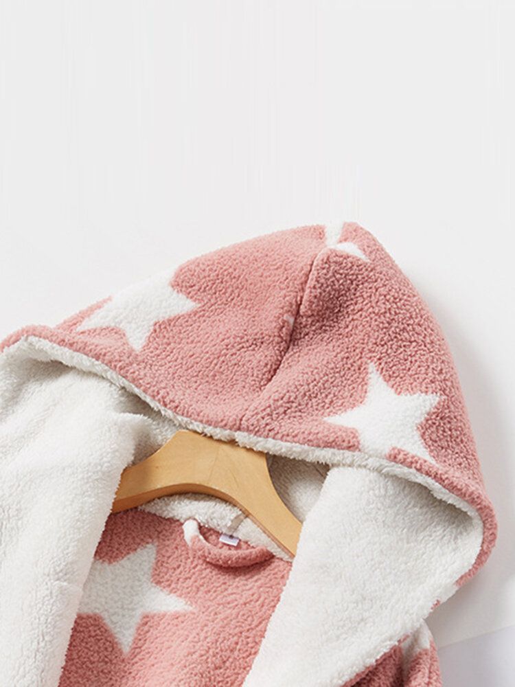 Dam Stjärntryck Fleece Tjock Snörning Dubbla Fickor Casual Hemma Varma Huvkläder