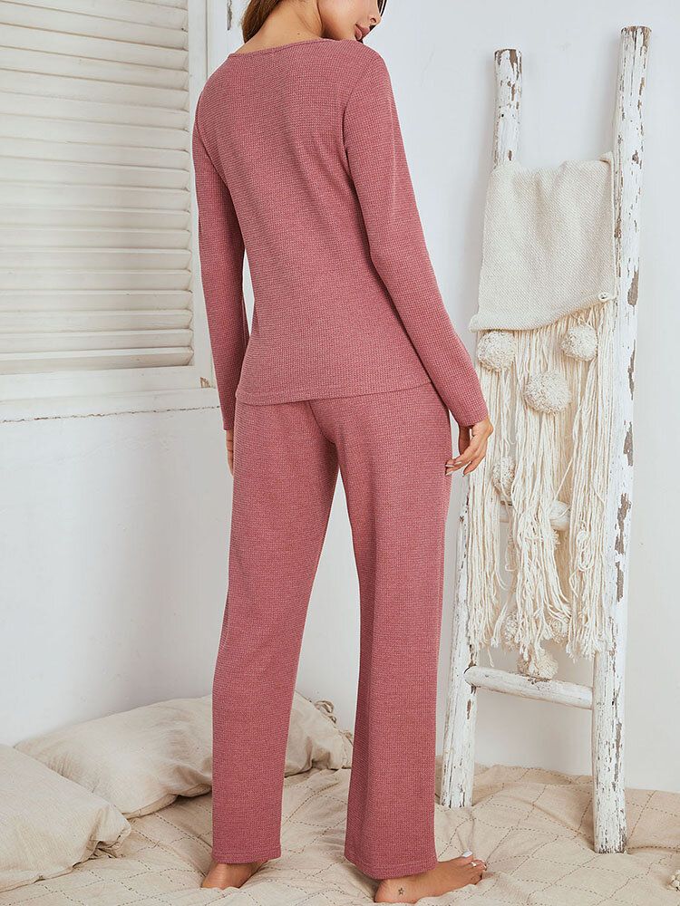 Damer Brief Style Enfärgad Plus Size V-ringad Tvådelad Home Lounge Pyjamas Set