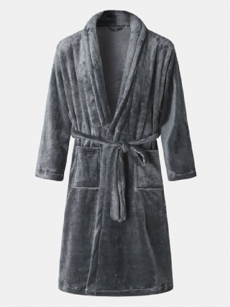 Enfärgad Flanell För Män Tjocka Dubbla Fickor Sashes Hem Sovkläder Robes