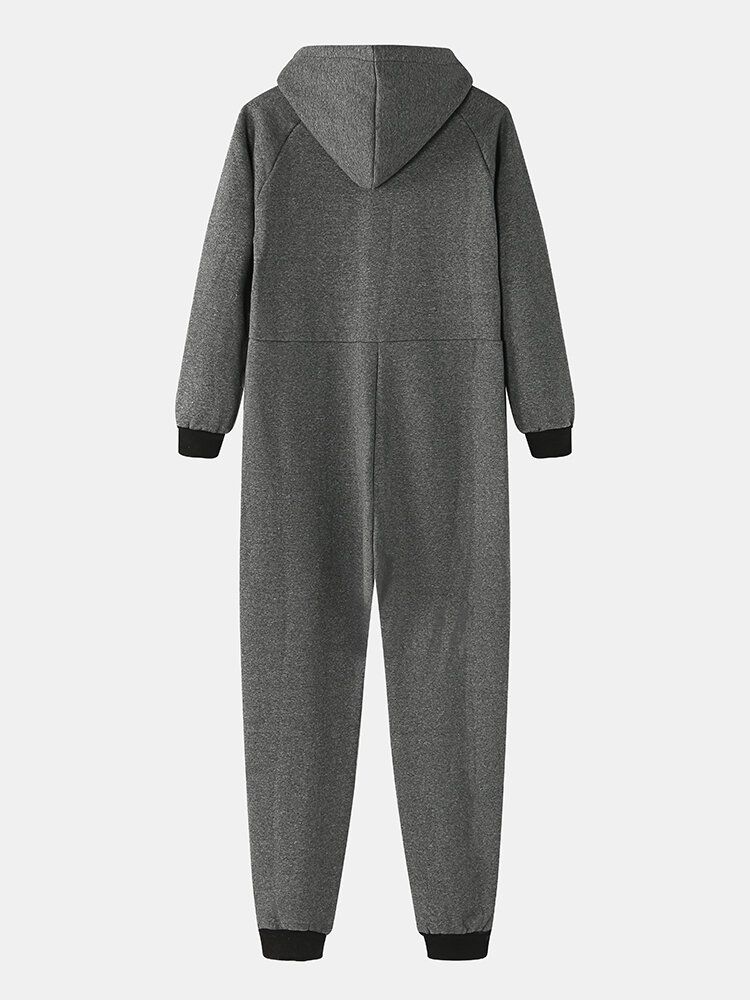 Herr Bomull Massiv Huva Ficka Långärmad Hem Jumpsuit Dragkedja Sovkläder