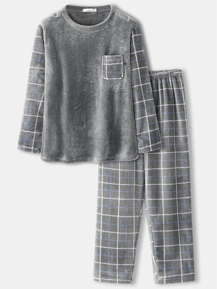 Herr Flanell Pläd Patchwork Pullover Warm Thicken Loose Pants Home Comfy Pyjamas Set