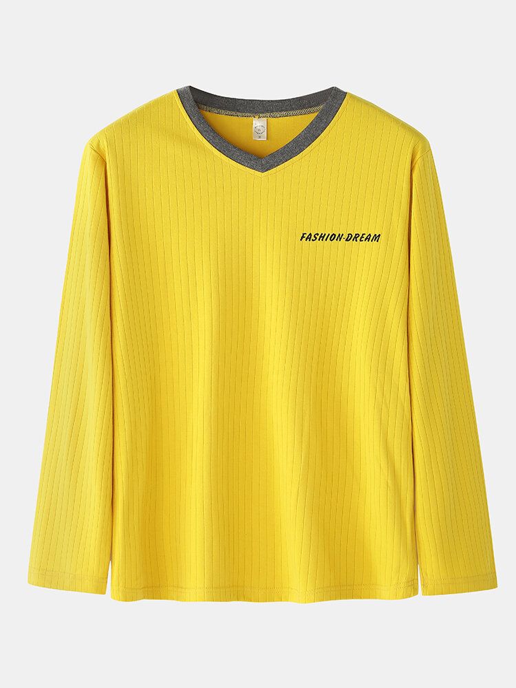 Jacquard För Män Med Bokstavsmönster V-ringad Långärmad Ovansida Randig Elastisk Midja Hem Casual Pyjamasset