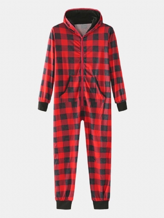 Klassiskt Plädtryck För Män Långärmad Framficka Med Dragkedja Hooded Jumpsuit Home Pyjamas I Ett Stycke