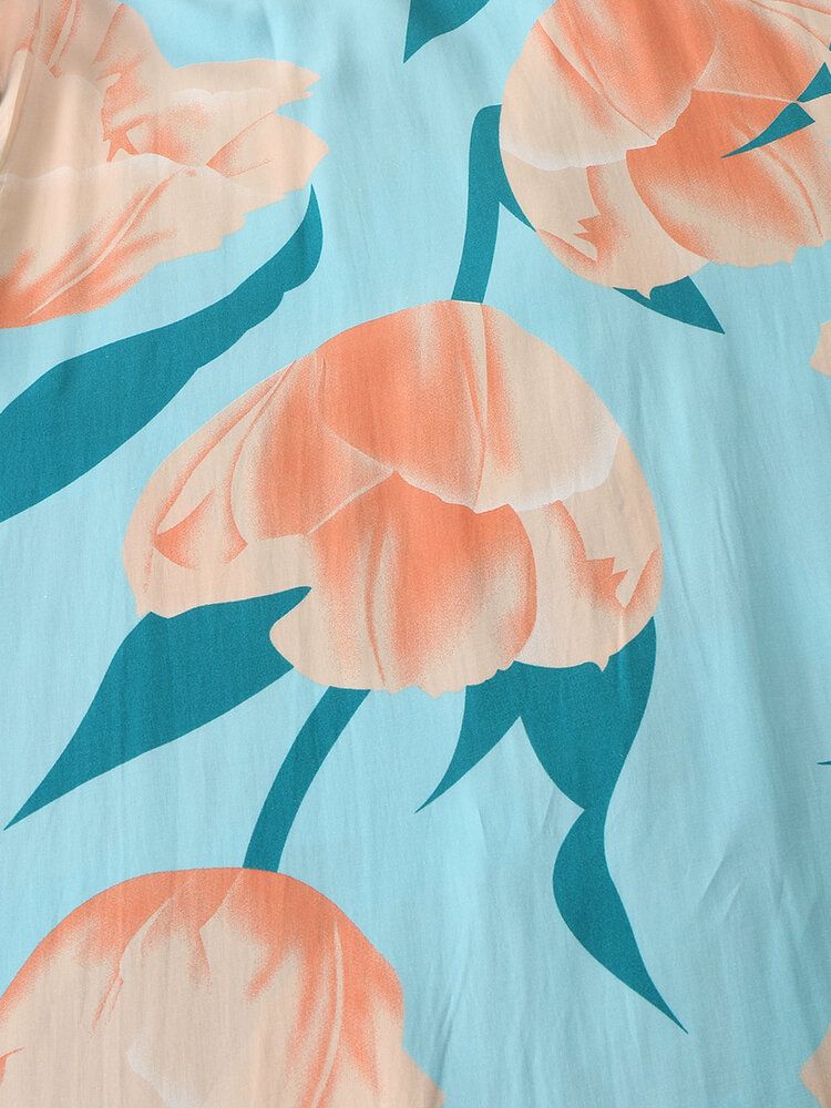 Kvinnor Blommönster Lapel Långärmad Knapp Casual Hem Nattlinne Nattlinne Med Ficka