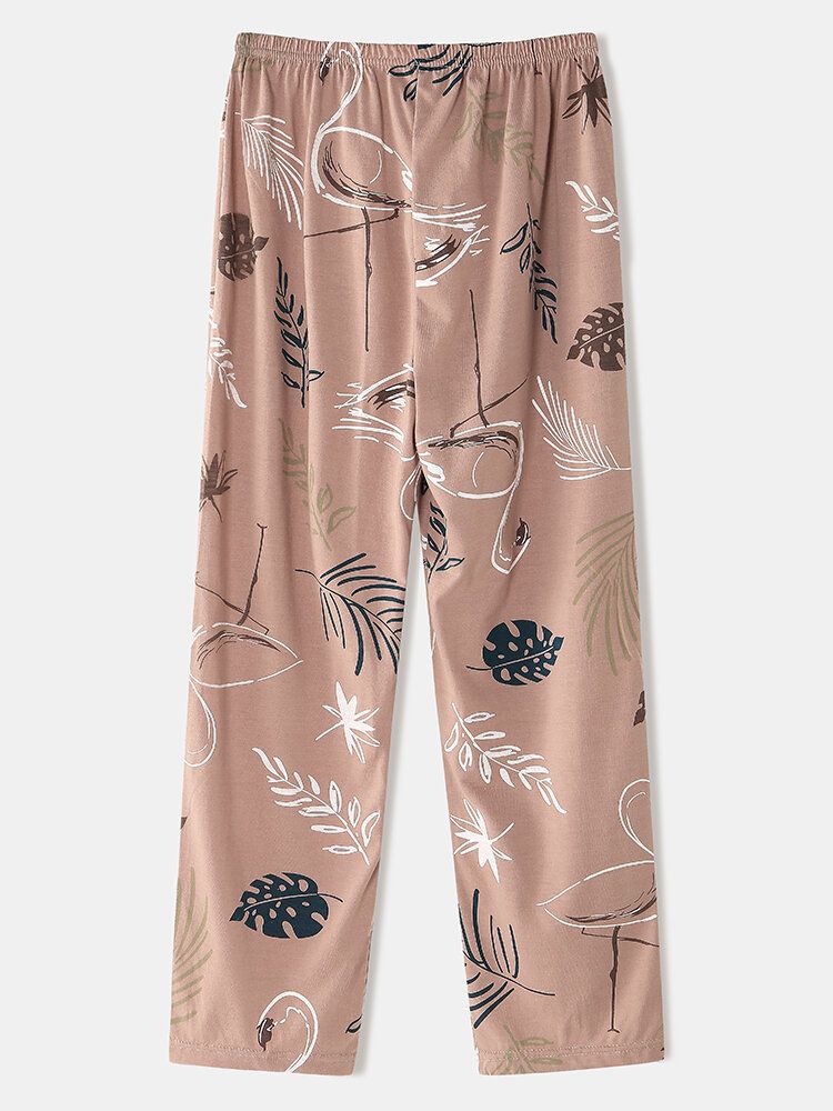 Kvinnor Crane Leaves Print O-neck Bomull Långärmad Plus Size Lounge Home Pyjamasset