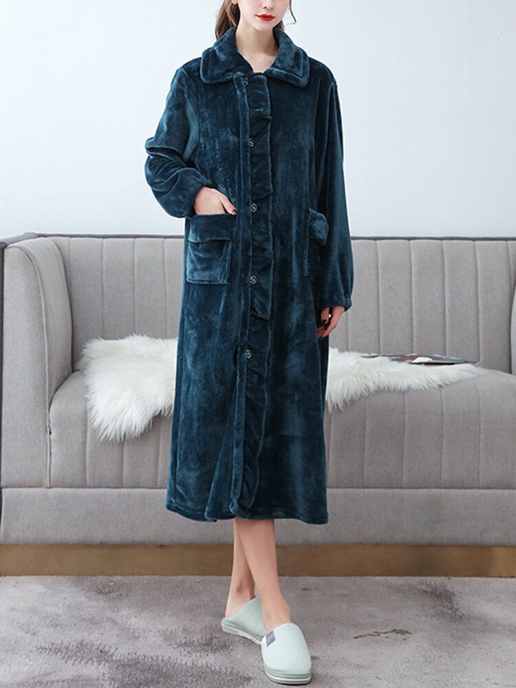 Kvinnor Flanell Volanger Lapel Dubbla Pocket Långärmad Robes