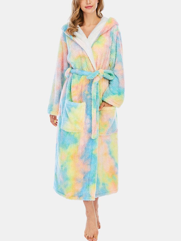 Kvinnor Fleece Tie Dye Dubbelficka Långärmad Huva Sovkläder Hemdräkt
