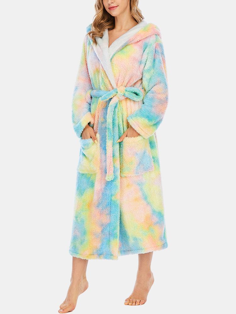 Kvinnor Fleece Tie Dye Dubbelficka Långärmad Huva Sovkläder Hemdräkt