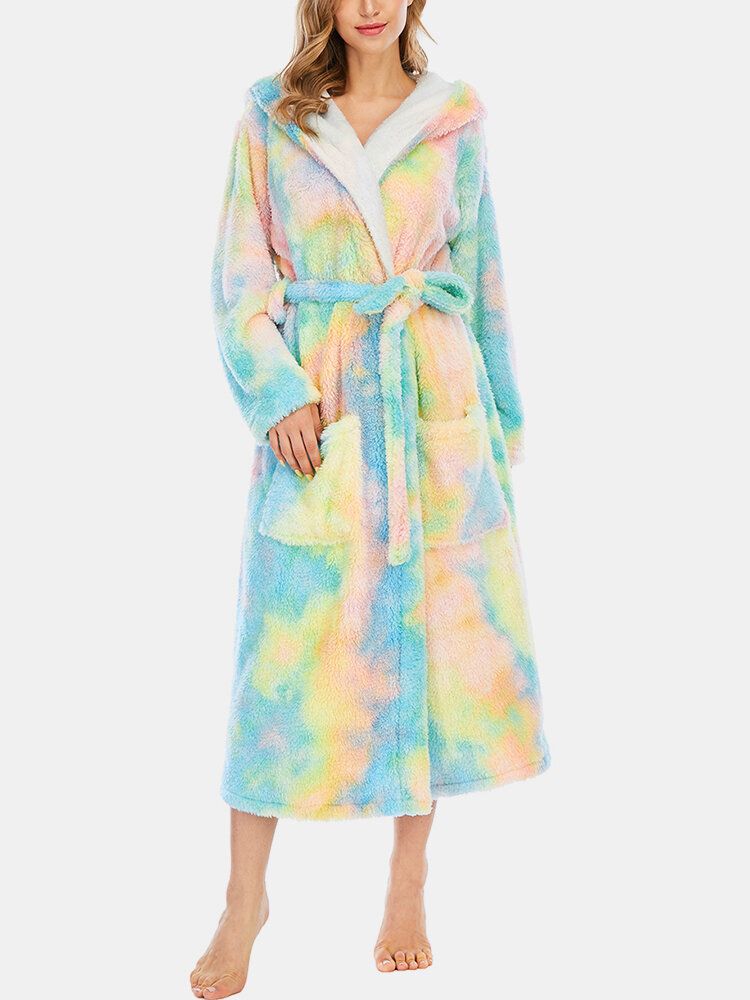 Kvinnor Fleece Tie Dye Dubbelficka Långärmad Huva Sovkläder Hemdräkt
