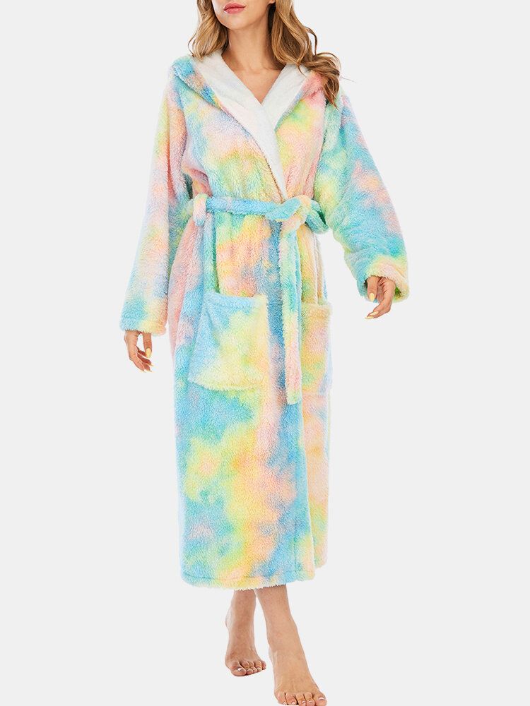 Kvinnor Fleece Tie Dye Dubbelficka Långärmad Huva Sovkläder Hemdräkt