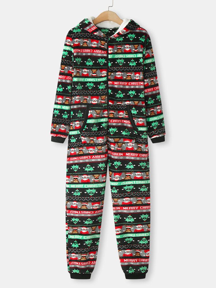 Kvinnor Jul Flanelltryckt Dragkedja Örondetaljer Långärmad Onesies Huvpyjamas
