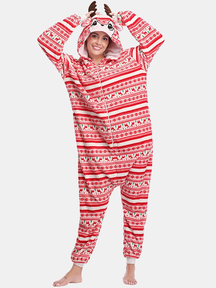 Kvinnor Julstil Tryck Söt Älg Hooded Dragkedja Framsidan Ficka Hem Mysig One Piece Jumpsuits