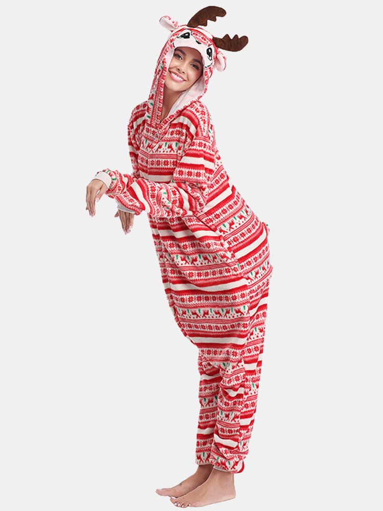 Kvinnor Julstil Tryck Söt Älg Hooded Dragkedja Framsidan Ficka Hem Mysig One Piece Jumpsuits