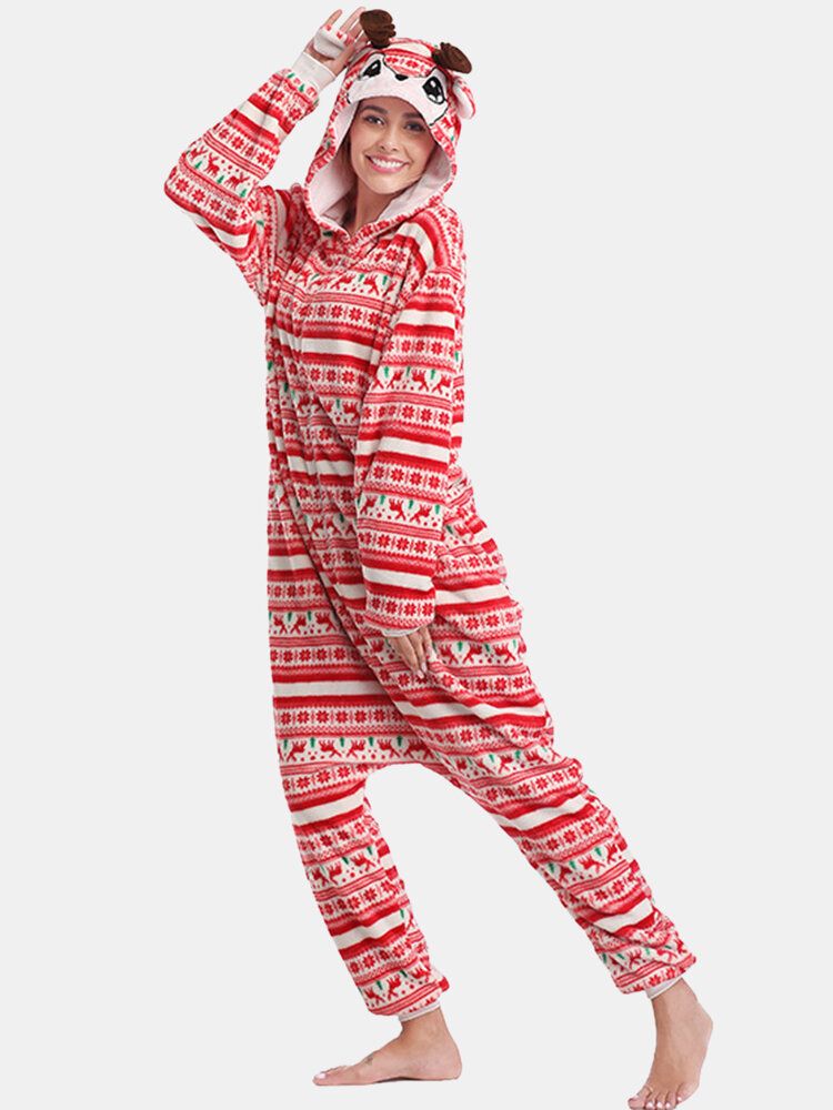 Kvinnor Julstil Tryck Söt Älg Hooded Dragkedja Framsidan Ficka Hem Mysig One Piece Jumpsuits