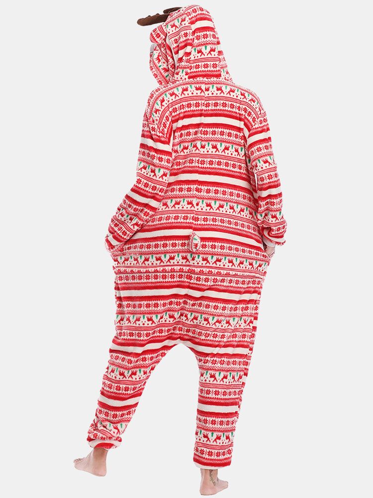 Kvinnor Julstil Tryck Söt Älg Hooded Dragkedja Framsidan Ficka Hem Mysig One Piece Jumpsuits