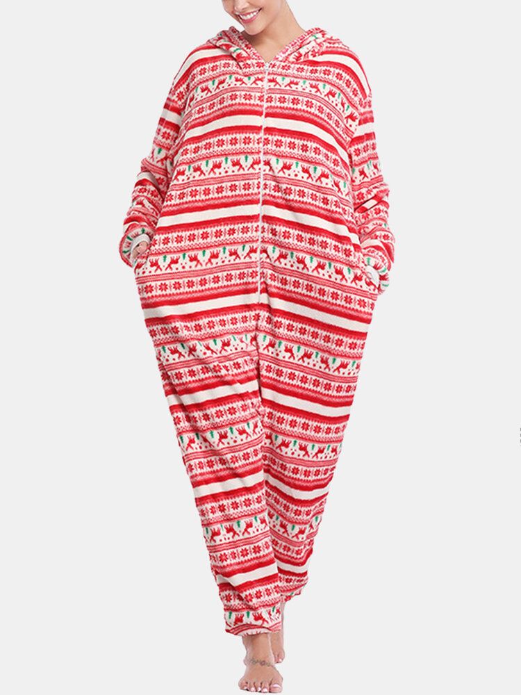 Kvinnor Julstil Tryck Söt Älg Hooded Dragkedja Framsidan Ficka Hem Mysig One Piece Jumpsuits