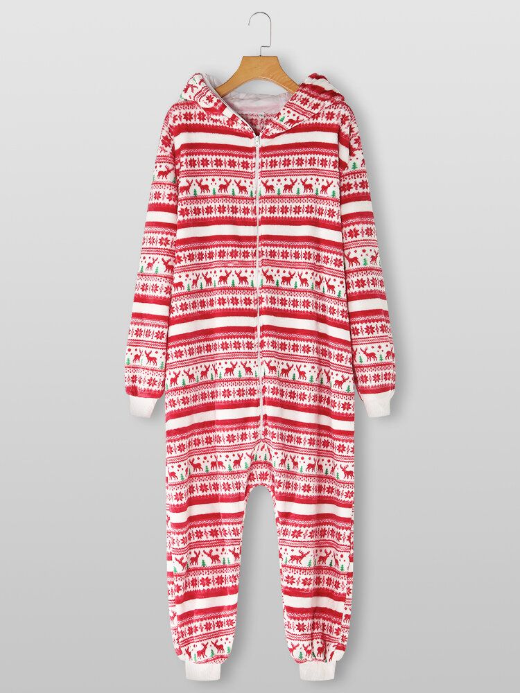 Kvinnor Julstil Tryck Söt Älg Hooded Dragkedja Framsidan Ficka Hem Mysig One Piece Jumpsuits