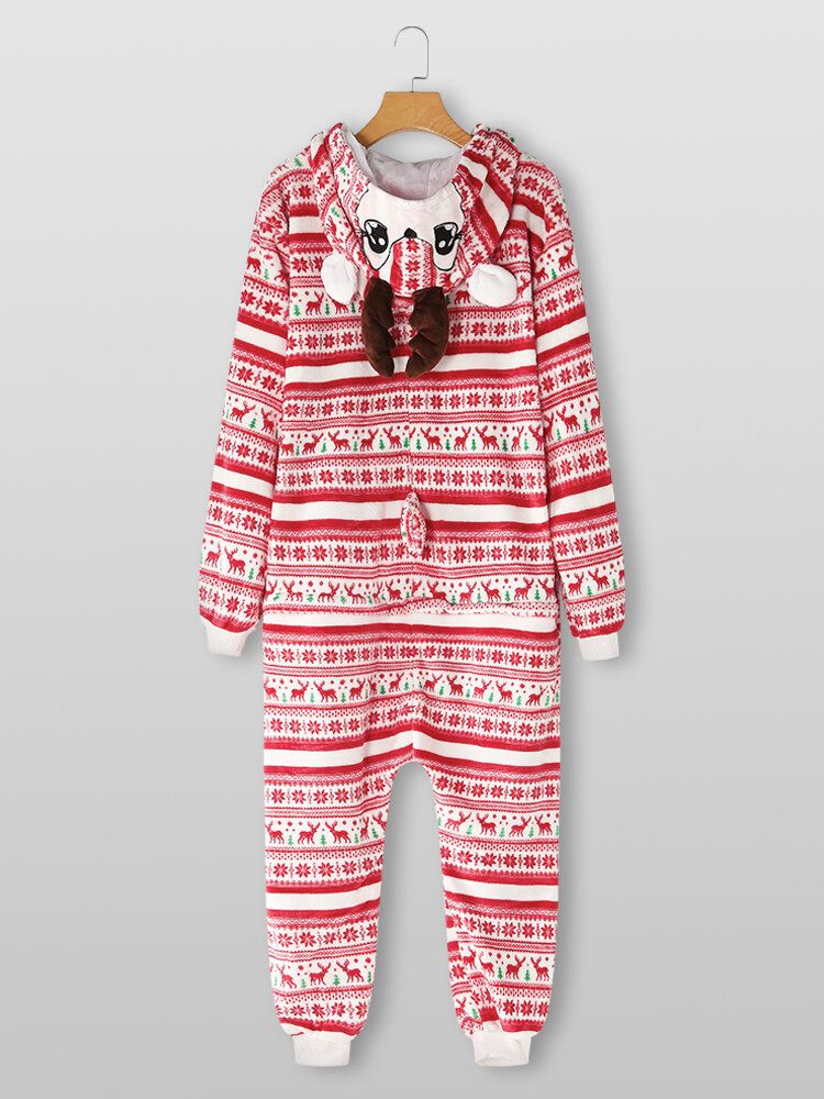 Kvinnor Julstil Tryck Söt Älg Hooded Dragkedja Framsidan Ficka Hem Mysig One Piece Jumpsuits