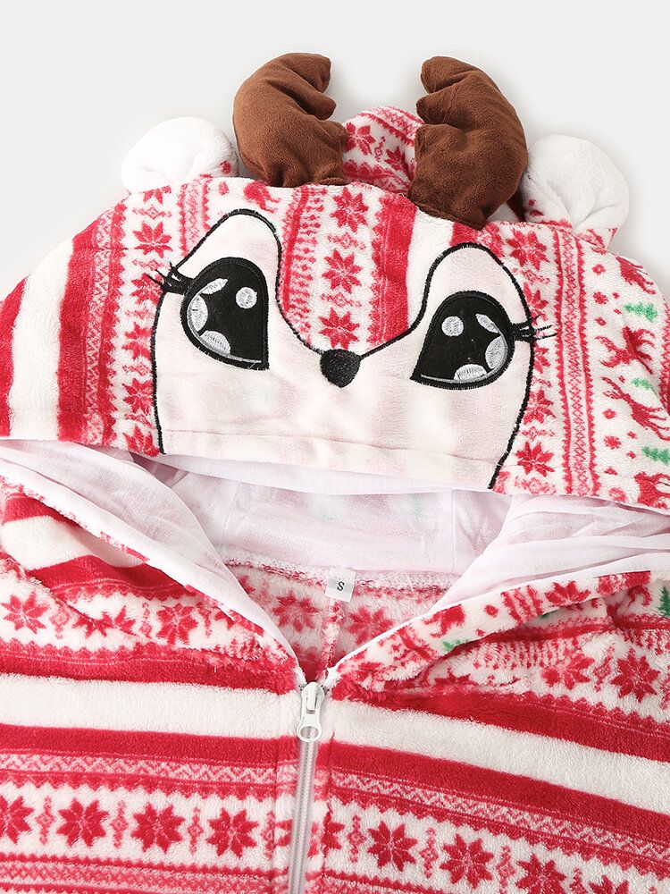 Kvinnor Julstil Tryck Söt Älg Hooded Dragkedja Framsidan Ficka Hem Mysig One Piece Jumpsuits