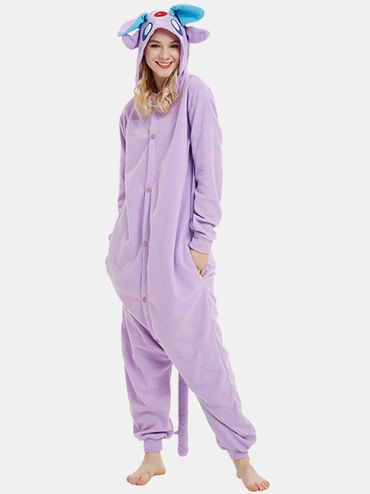 Kvinnor Tecknad Söt Knapp Fram Hem Lösa Sovkläder Endelade Jumpsuits Med Huva Med Sidficka