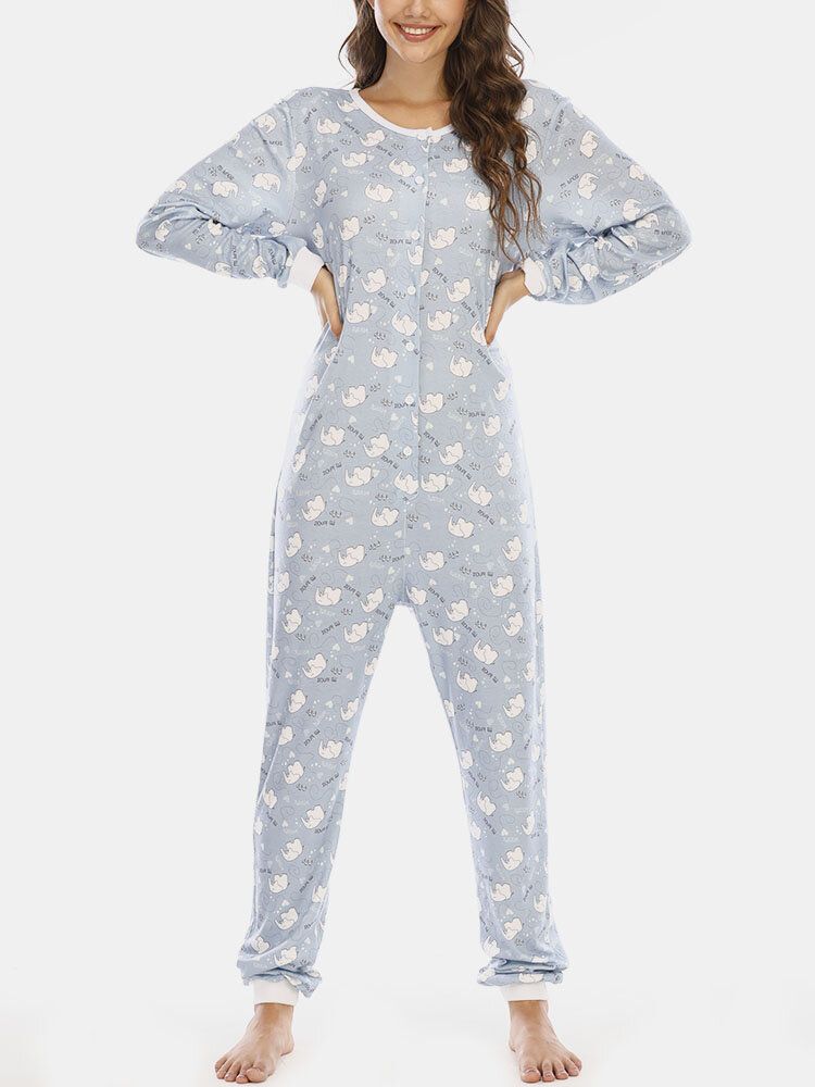 Plus Size Damer Söt Tecknad Elephant Print Långärmade Byxor Rödbyxor Hem Casual Sovkläder